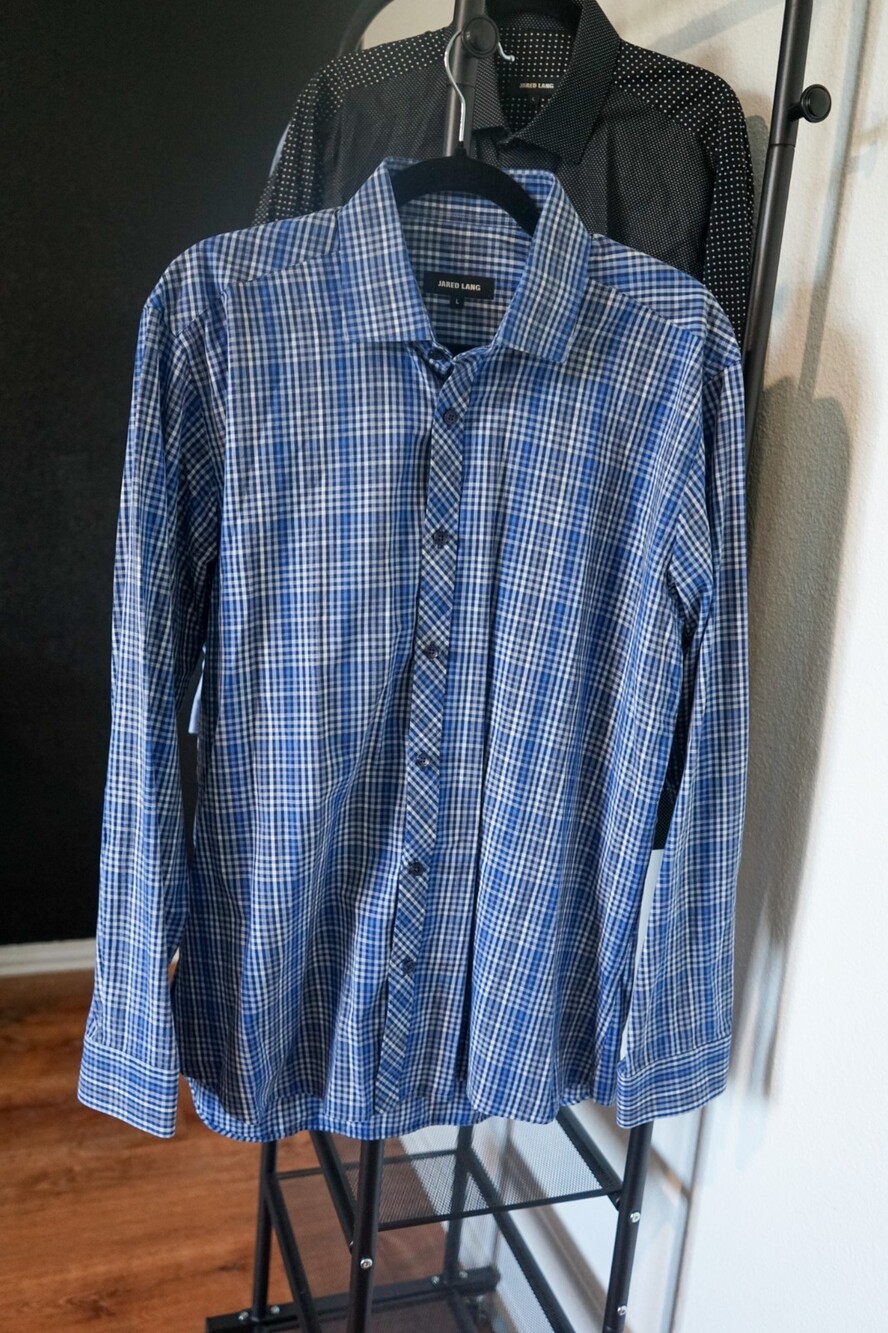 Jared Lang - Men's Blue & White Micro Check Long Sleeve Button Down Shirt Size L
